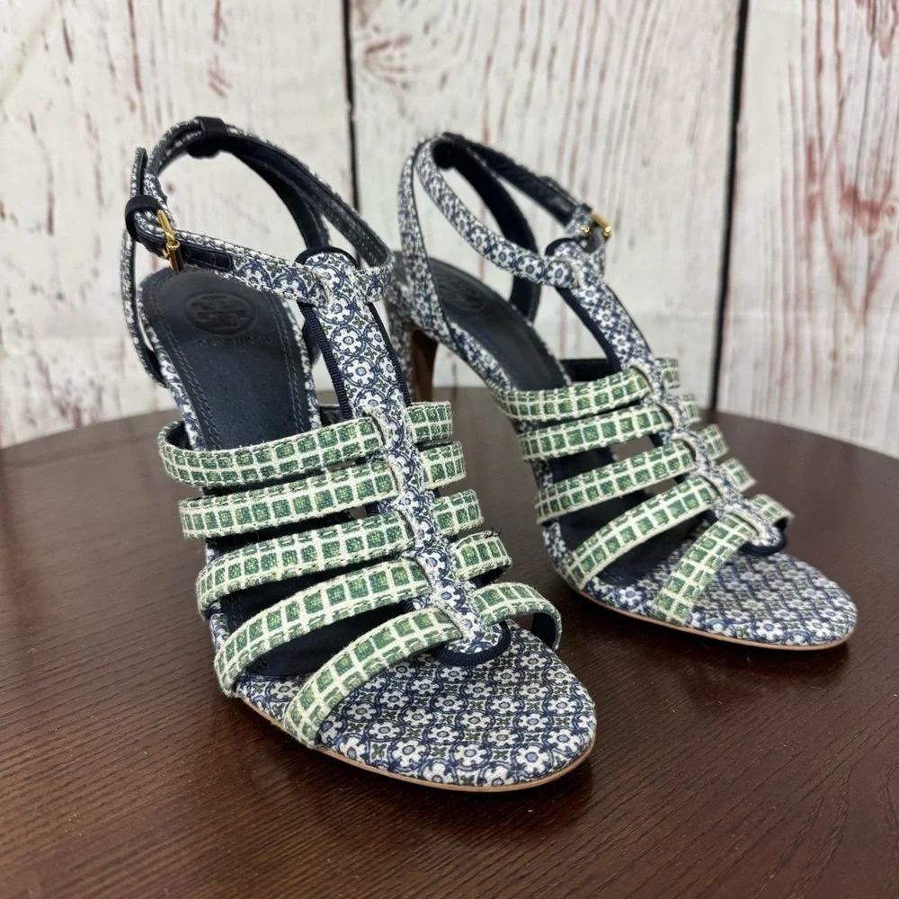 Tory Burch Charlene 100mm Women's Blue Printed linen Sandals size 7.5 NIB